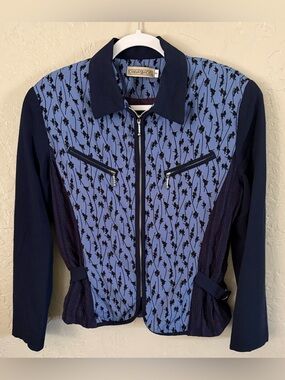 Canvasbacks Vintage Women's Blue Bird Pattern Zip Up Jacket Long Sleeve Sz 8